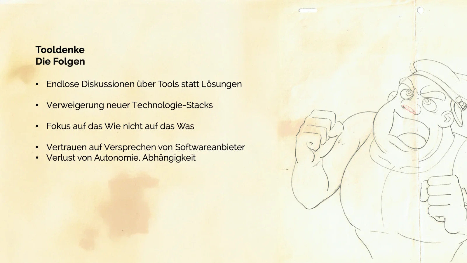 Slide aus dem KI-Navigator-Vortrag — Akt 2: Die Muster: Tooldenke Folgen